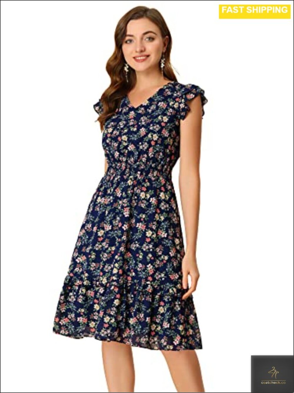 Womens Floral Chiffon V Neck Ruffle Smocked Waist Knee Length Dress
